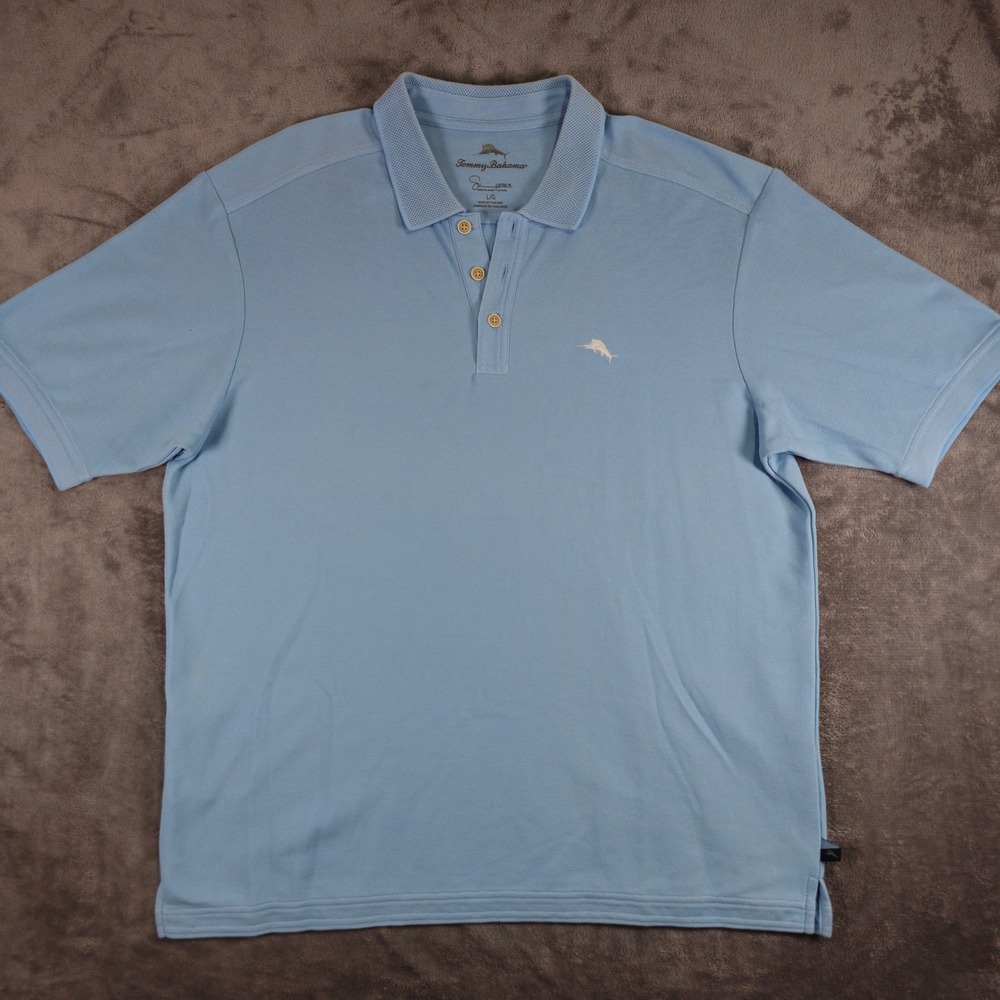 Tommy Bahama Polo Mens L Blue Supima Cotton Blend Short Sleeve Marlin Logo